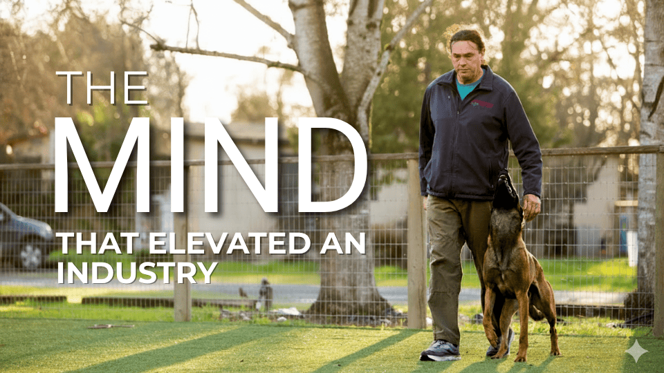 Michael Ellis performing a focused heel with his dog during training.